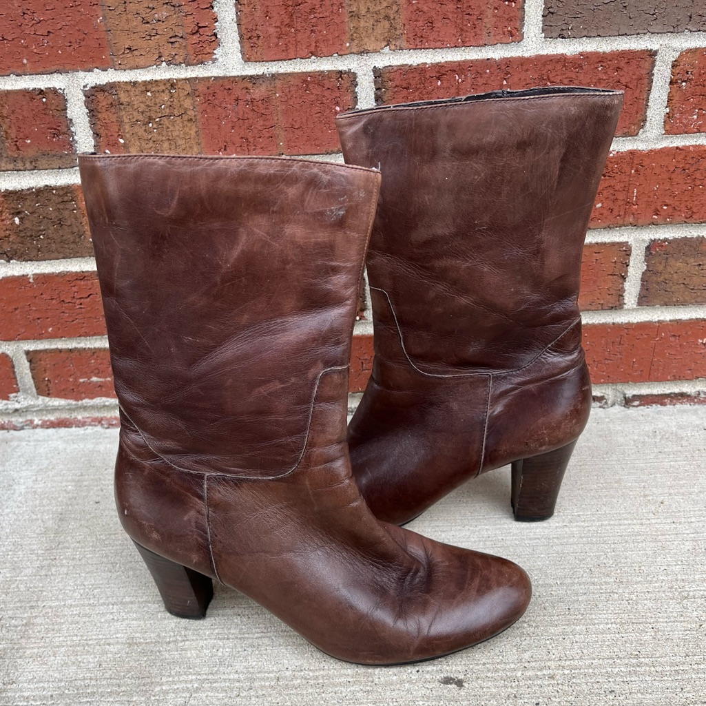 Nine West Knee Novyr Brown Leather Mid Calf Zip-Up Boots Size 7.5 M